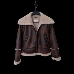 Lucky Brand Womens Brown Faux Leather Aviator Jacket Faux Fur Trim NWT Large